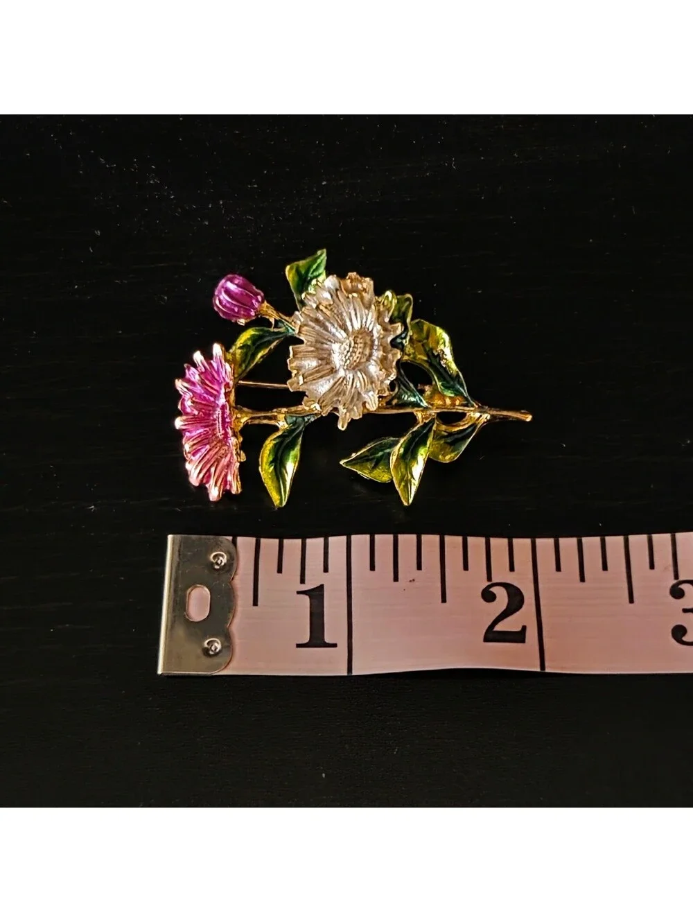 Pink & Green Enamel Style Gold Tone Floral Brooch Cottage Coquette Easter Spring